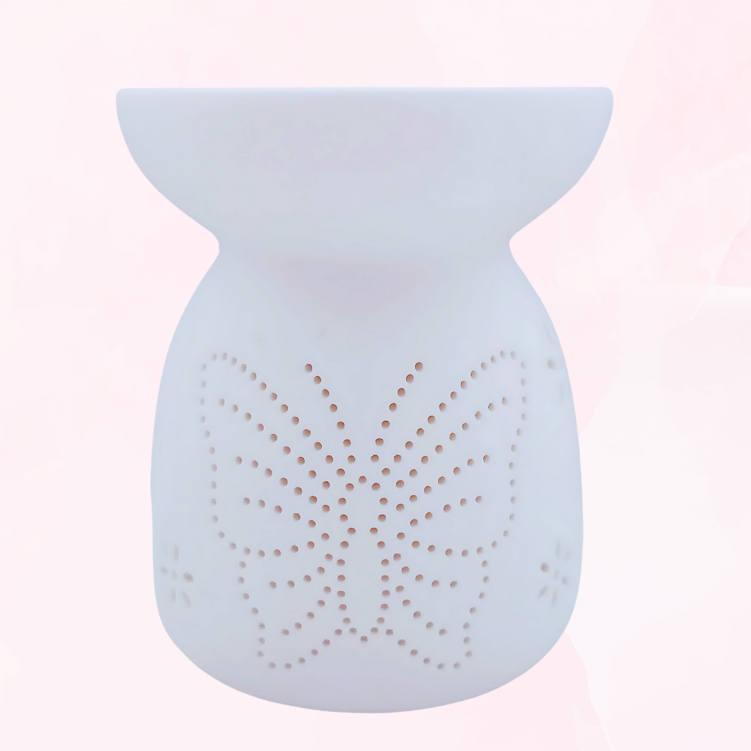 Small Butterfly and Flowers, White Ceramic Wax Burner
